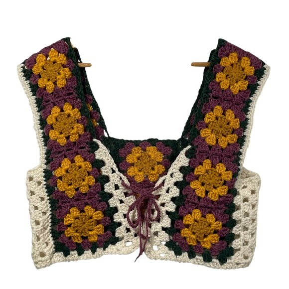 Handmade Crochet Cropped Tank Top Granny Square Lace Up Front Size L/XL Boho - Picture 1 of 9